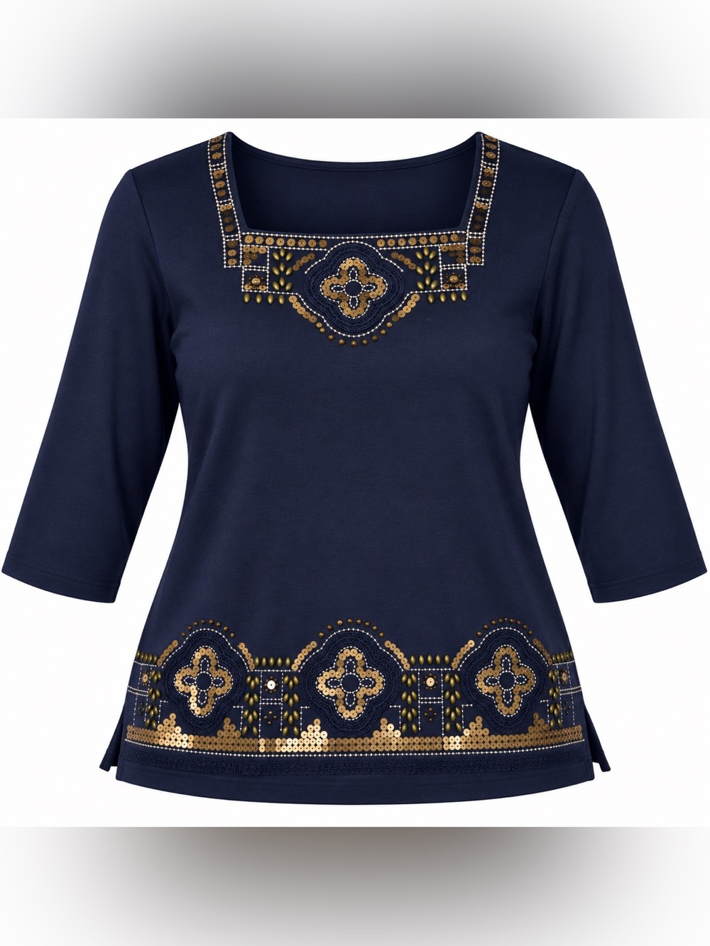 Alfred Dunner Navy Tunic with Gold Embellished Motif